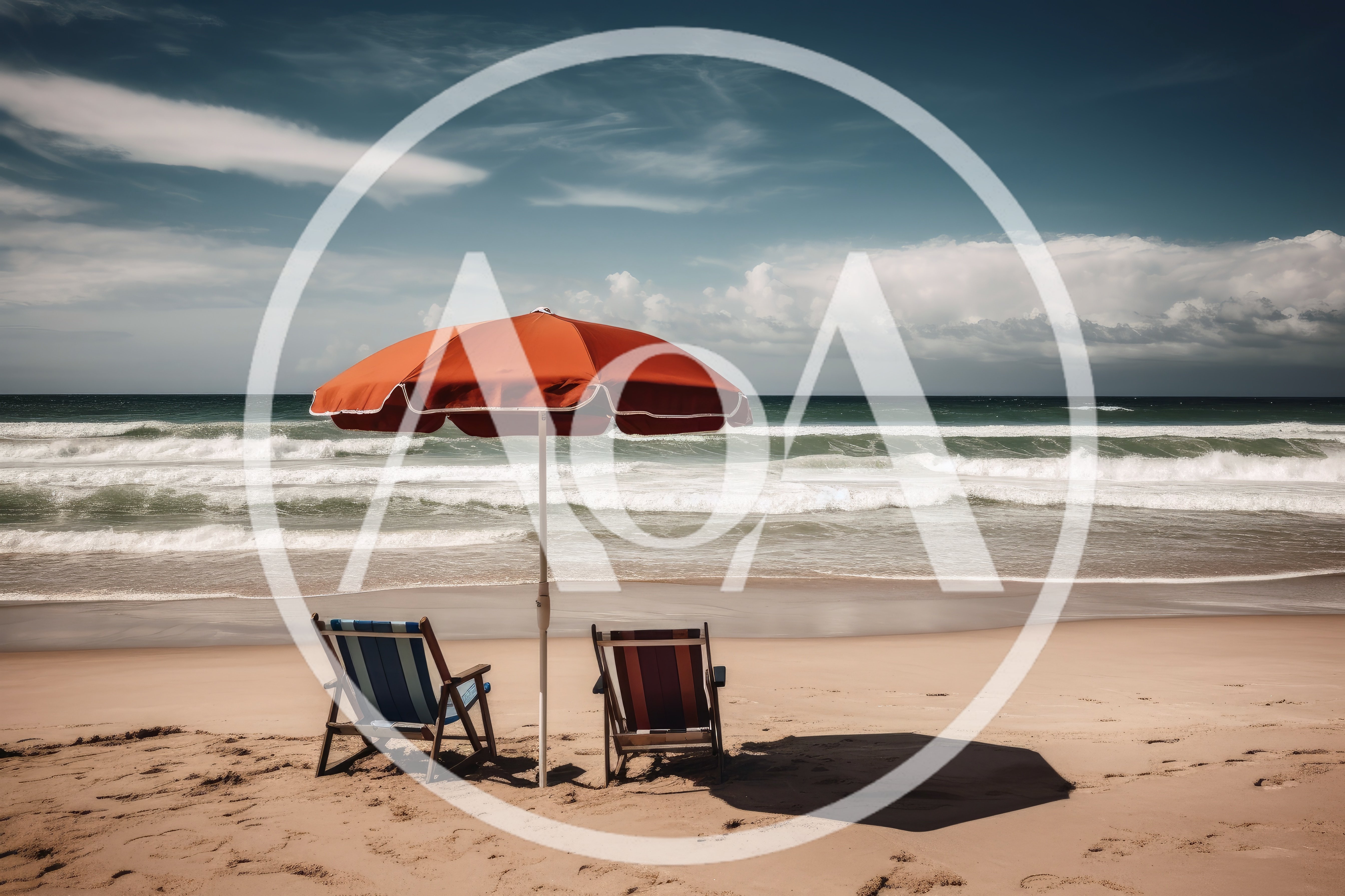 Two Empty Beach Chairs Under A Red Umbrella