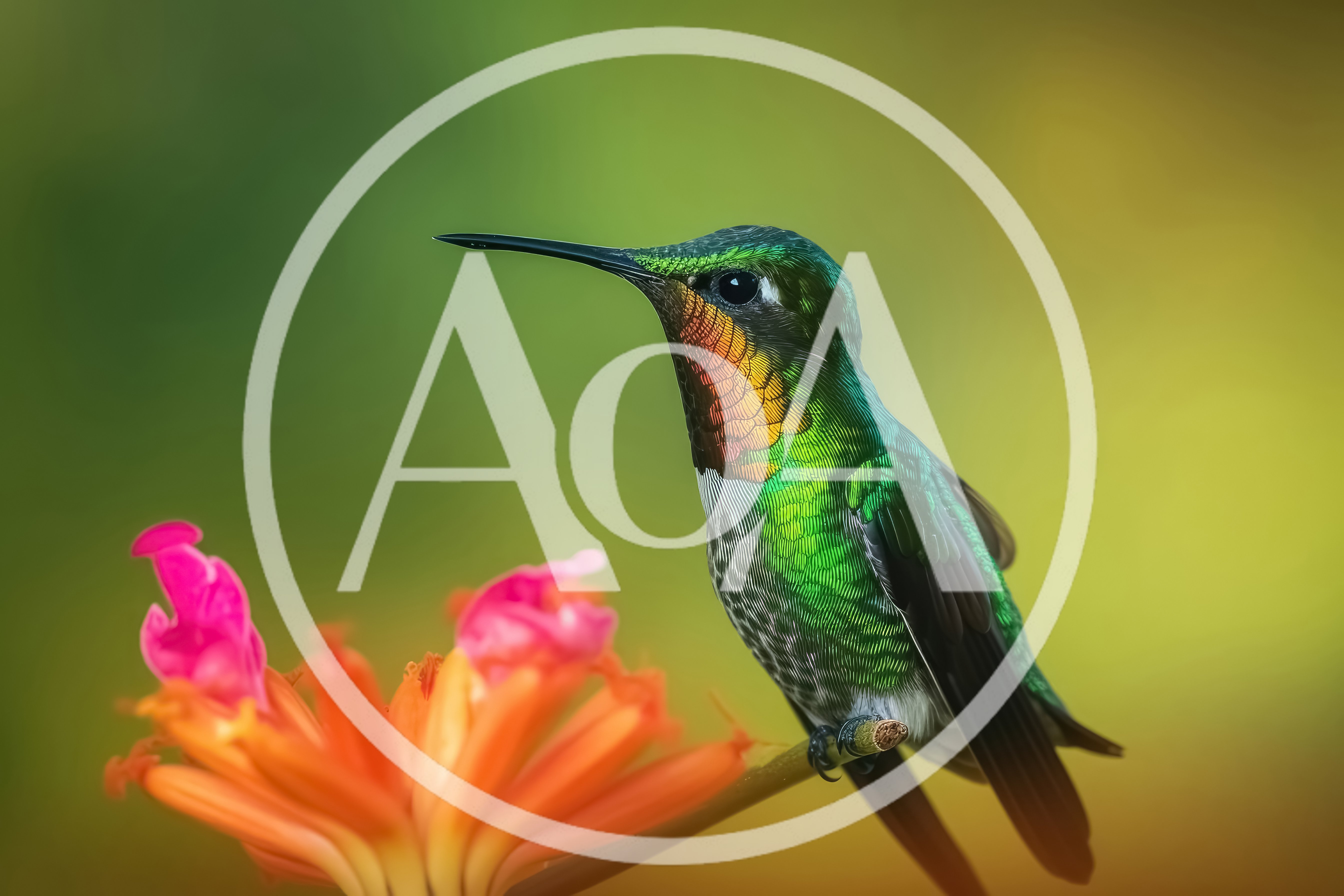 Fiery-Throated Hummingbird Perched on Orange Flower