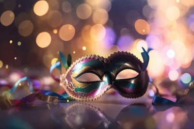 Venetian Masquerade Mask With Colorful Ribbons And Bokeh