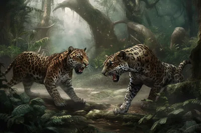 Two Jaguars Confronting Each Other in a Misty Jungle