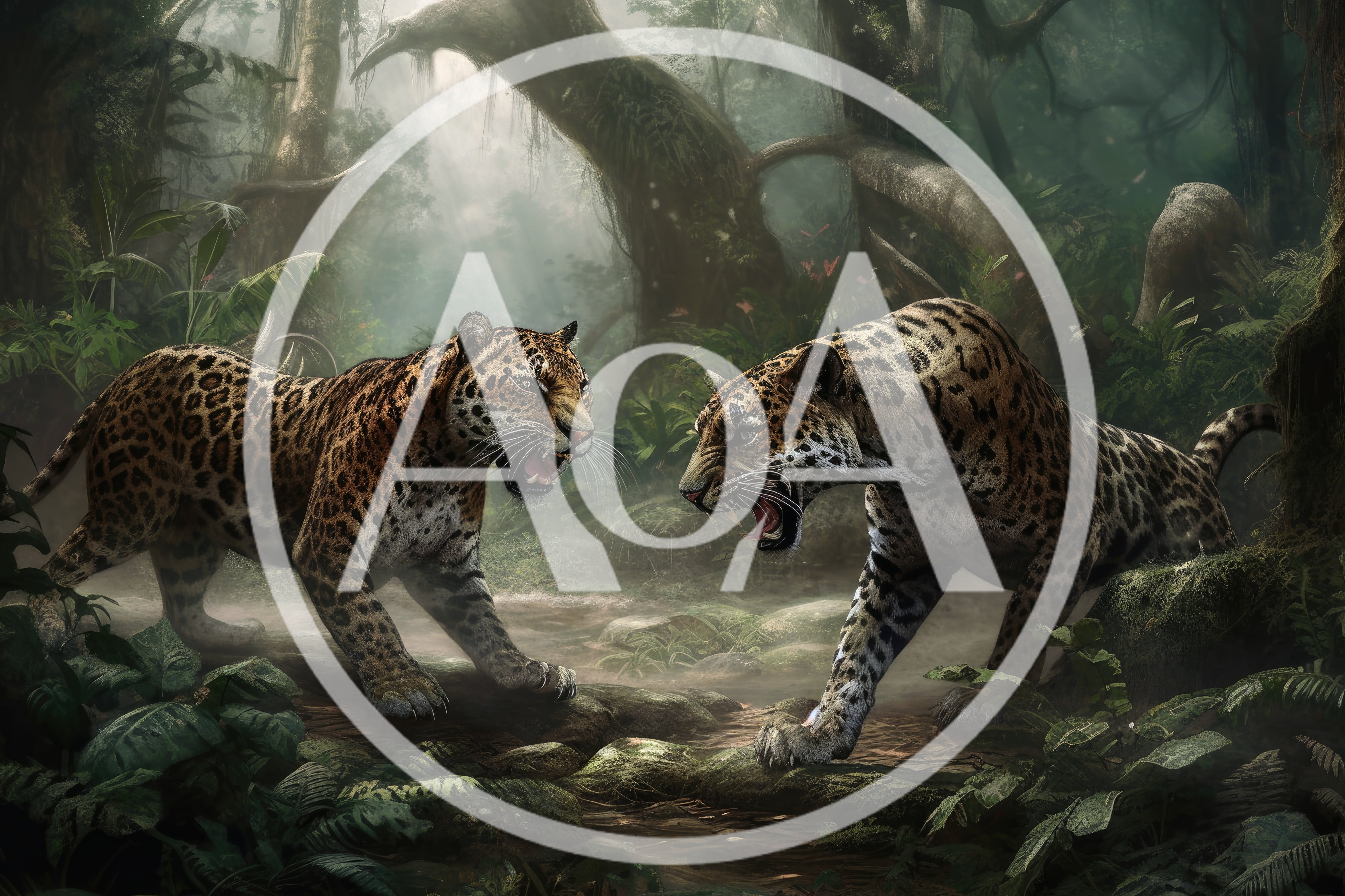 Two Jaguars Confronting Each Other in a Misty Jungle