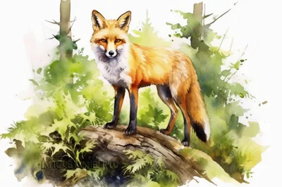 Watercolor Illustration Of A Red Fox Standing On Log