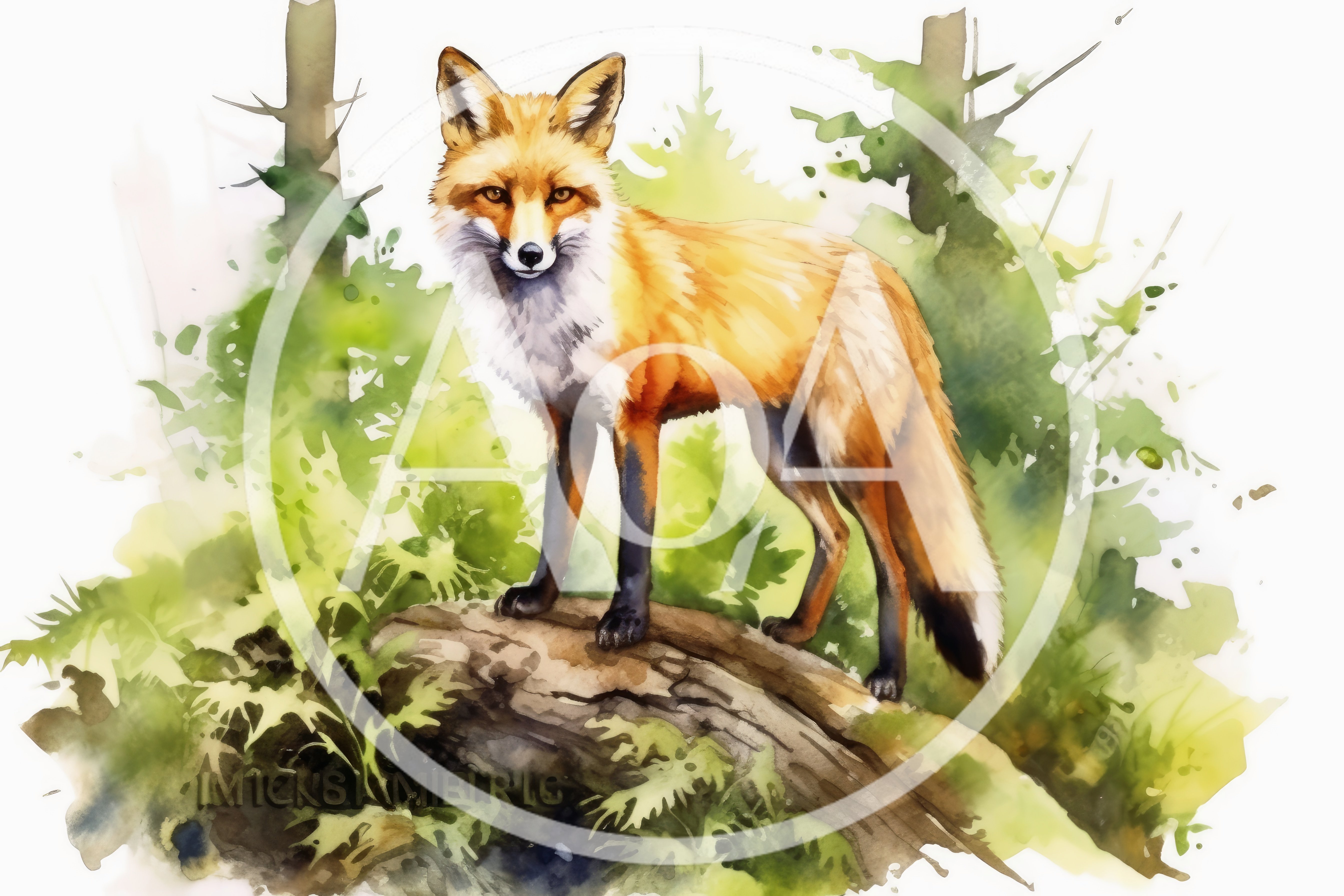 Watercolor Illustration Of A Red Fox Standing On Log