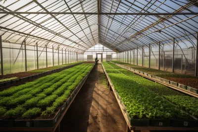 Rows of Seedlings Growing Inside a Large Greenhouse