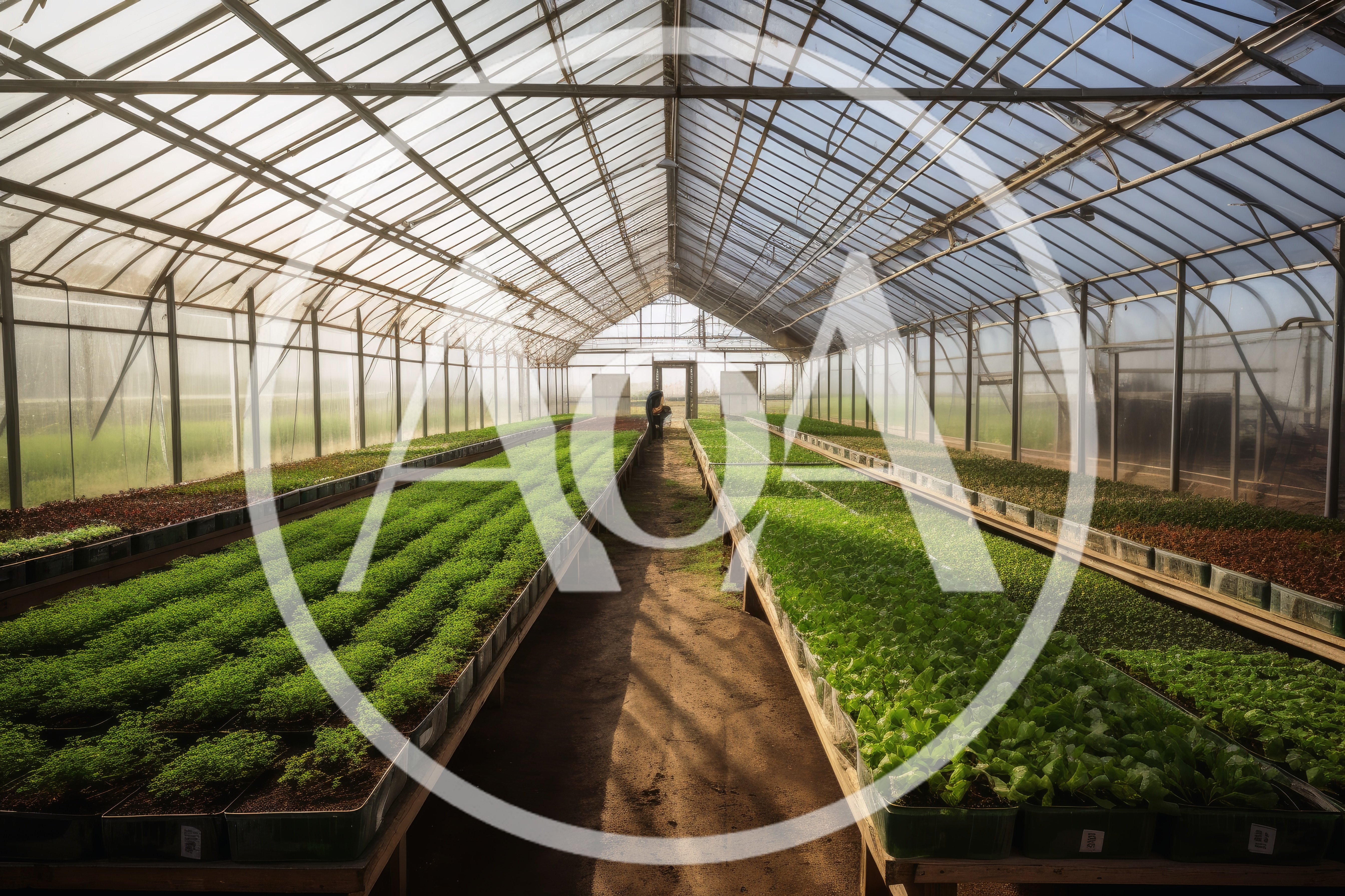 Rows of Seedlings Growing Inside a Large Greenhouse