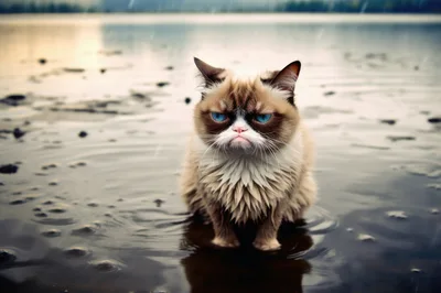 Grumpy Cat Standing In Shallow Lake Water