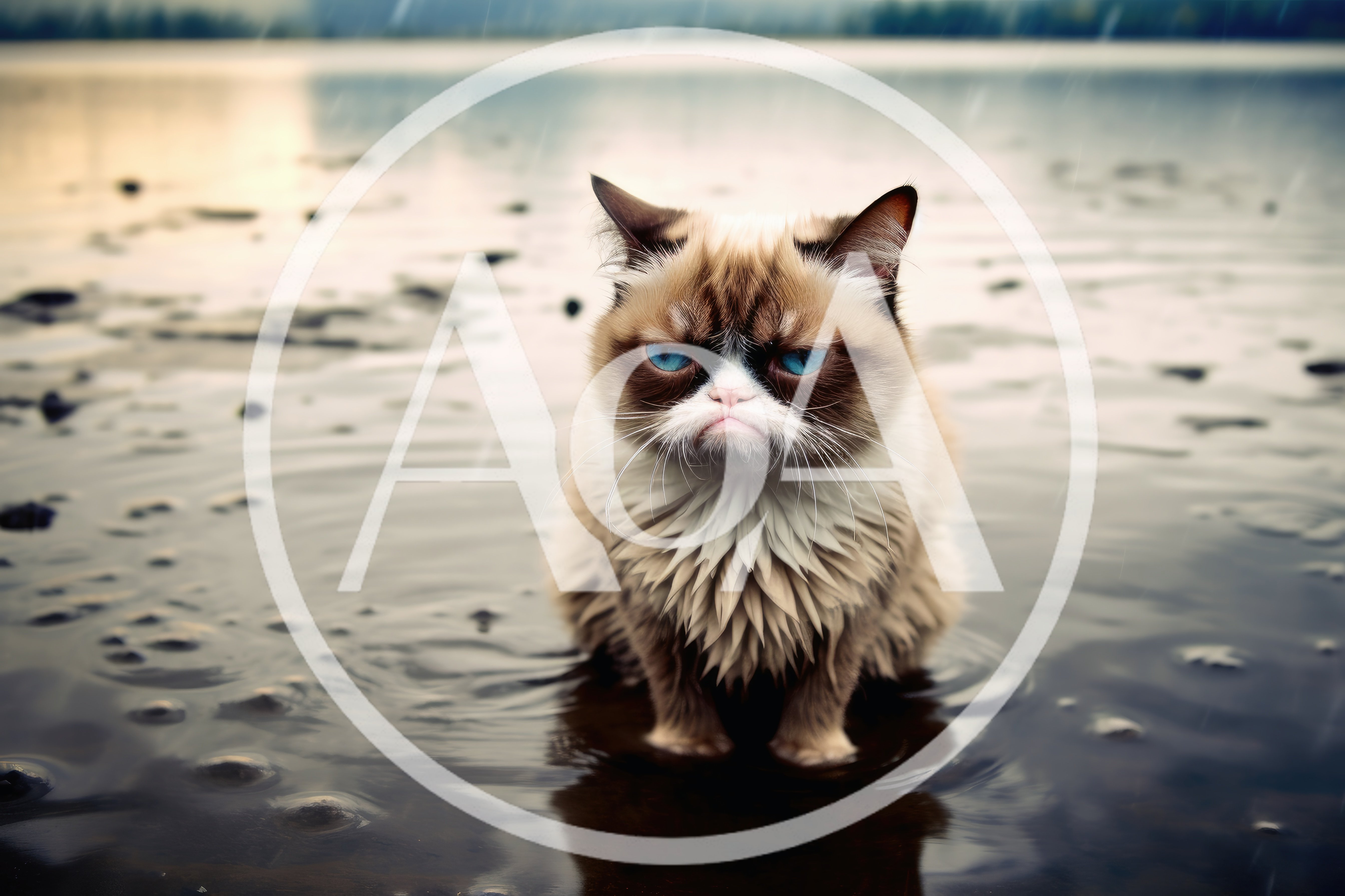 Grumpy Cat Standing In Shallow Lake Water