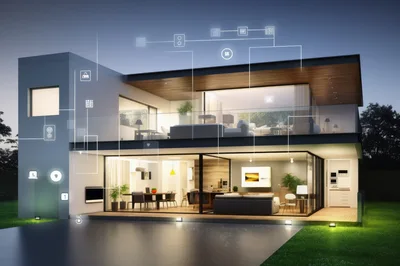 Modern Smart Home Exterior With Digital Automation Icons