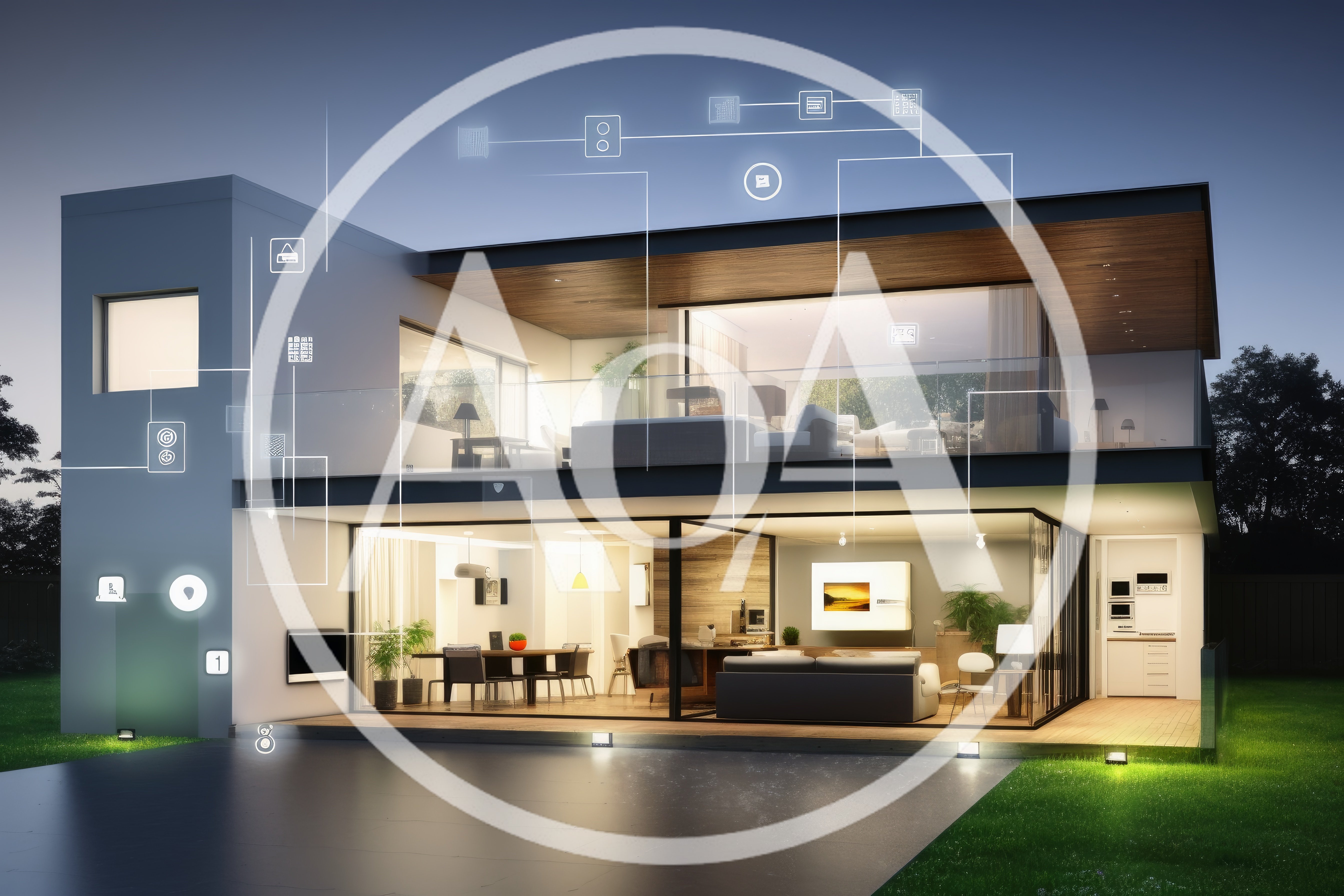 Modern Smart Home Exterior With Digital Automation Icons