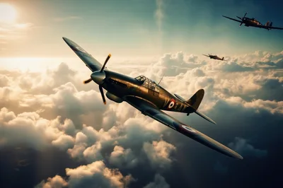 Vintage Fighter Planes Flying Above Clouds At Sunset