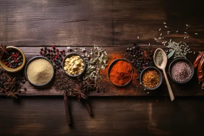 Assorted Spices and Herbs on Rustic Wooden Table