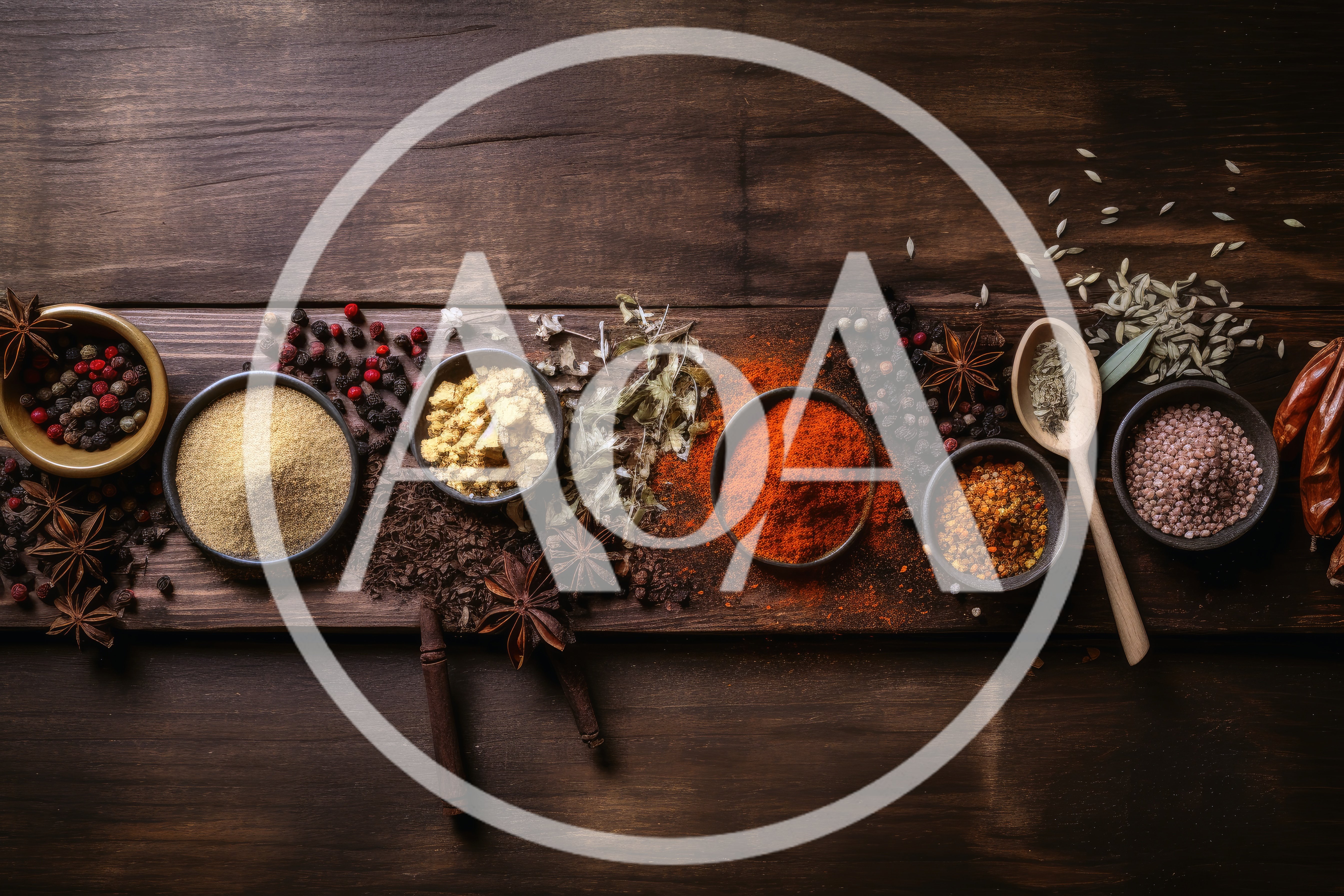 Assorted Spices and Herbs on Rustic Wooden Table