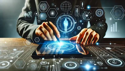 Business Professional Interacting With Futuristic Digital Holographic Interface
