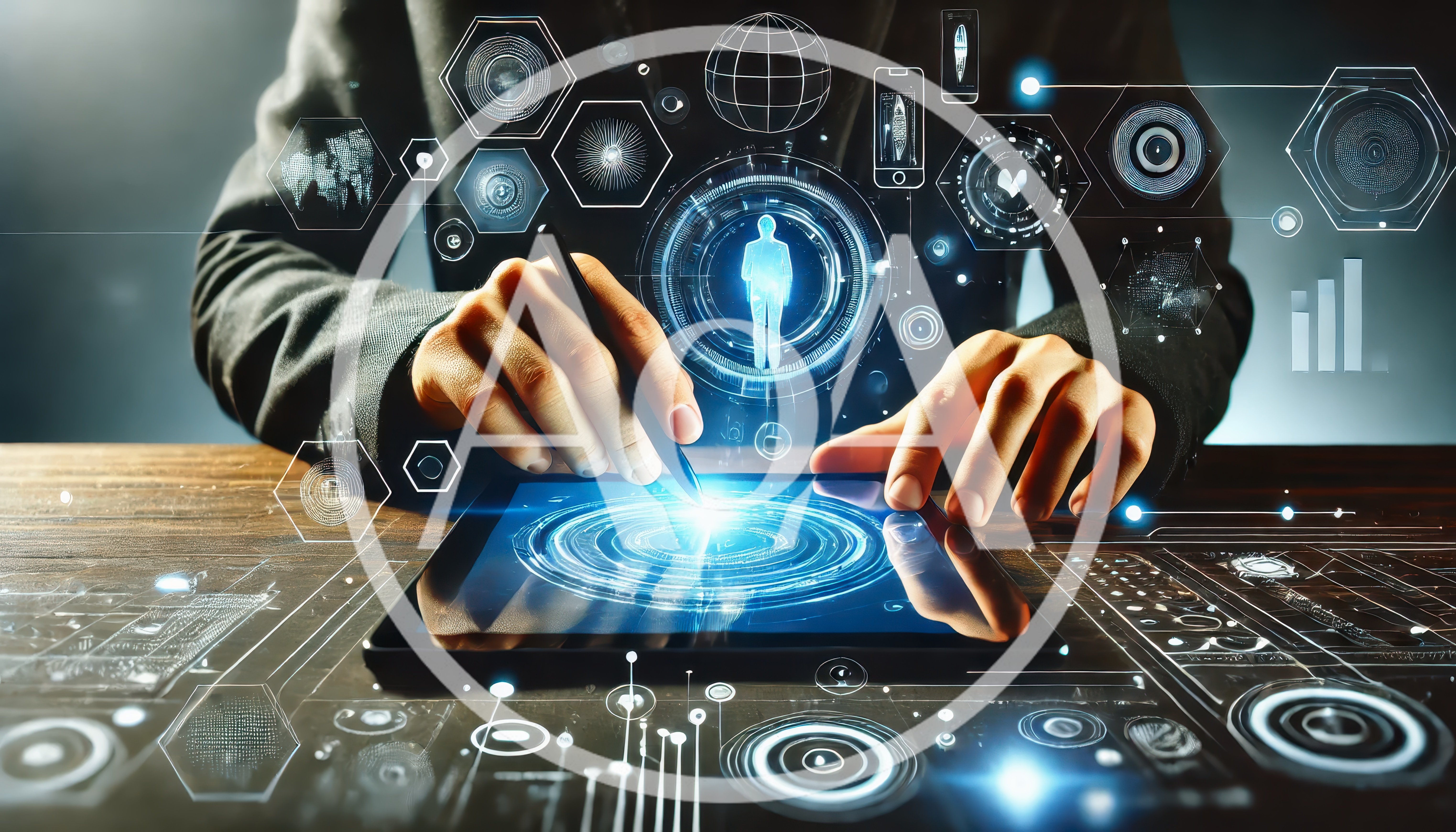 Business Professional Interacting With Futuristic Digital Holographic Interface