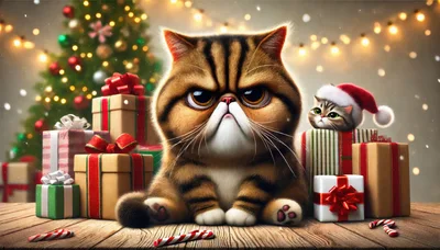 Grumpy Exotic Shorthair Cat With Kitten Near Christmas Gifts