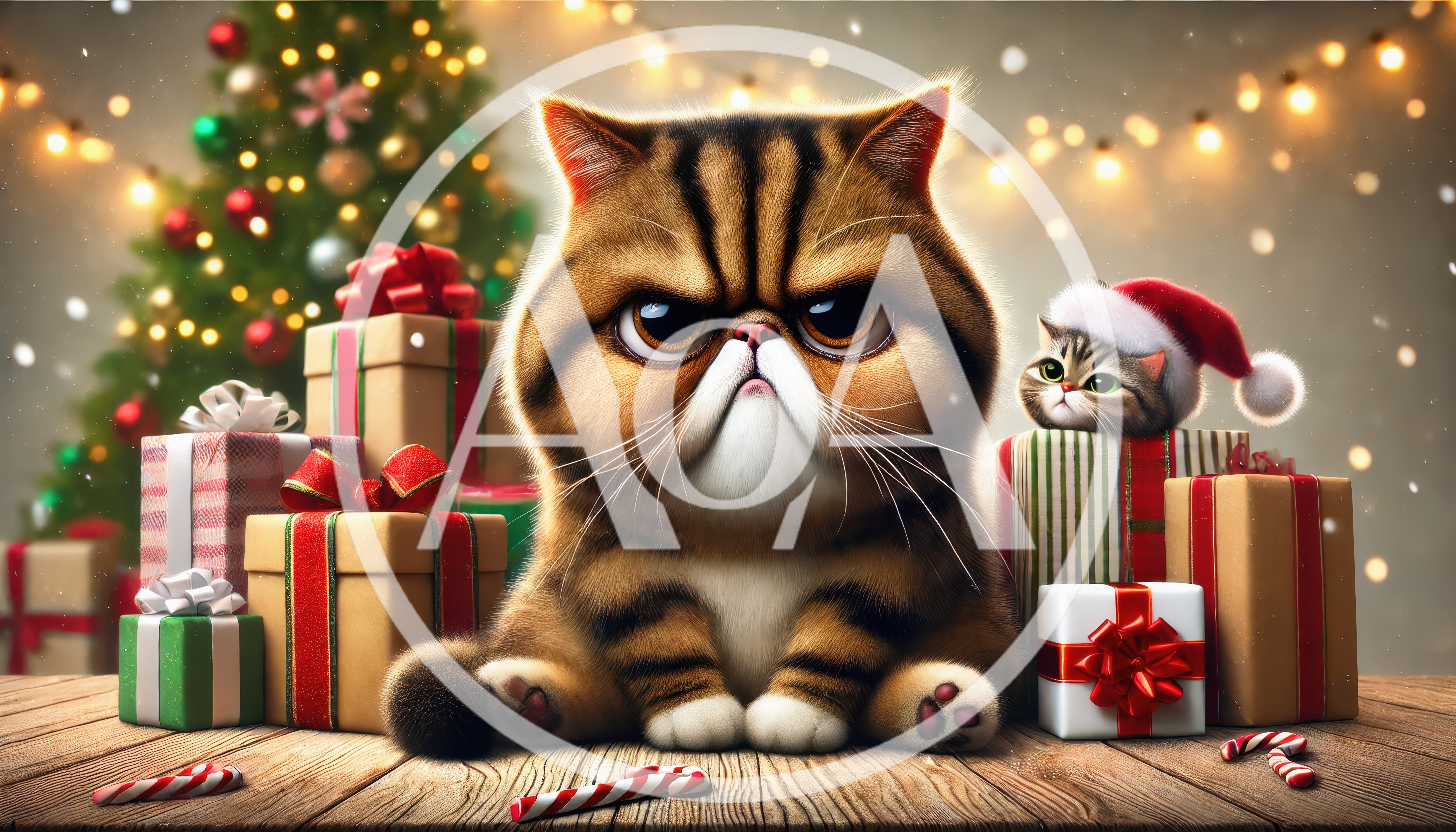 Grumpy Exotic Shorthair Cat With Kitten Near Christmas Gifts
