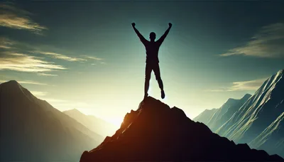Silhouette Of A Person Celebrating Success On Mountain Peak