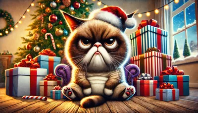 Grumpy Cat Wearing Santa Hat With Christmas Gifts