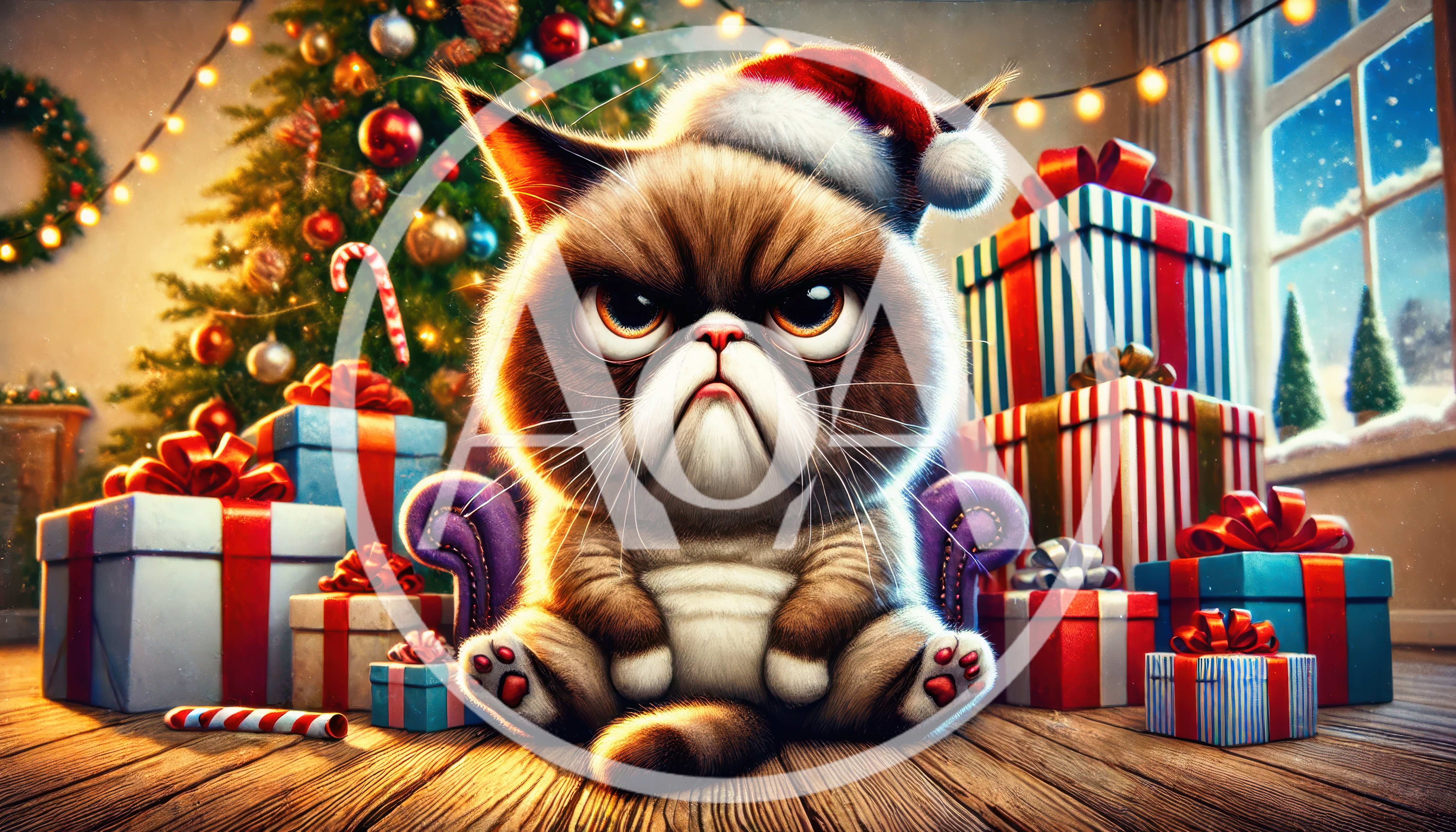 Grumpy Cat Wearing Santa Hat With Christmas Gifts