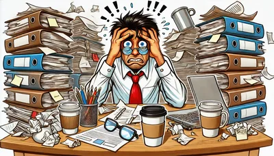 Stressed Office Worker Overwhelmed By Paperwork