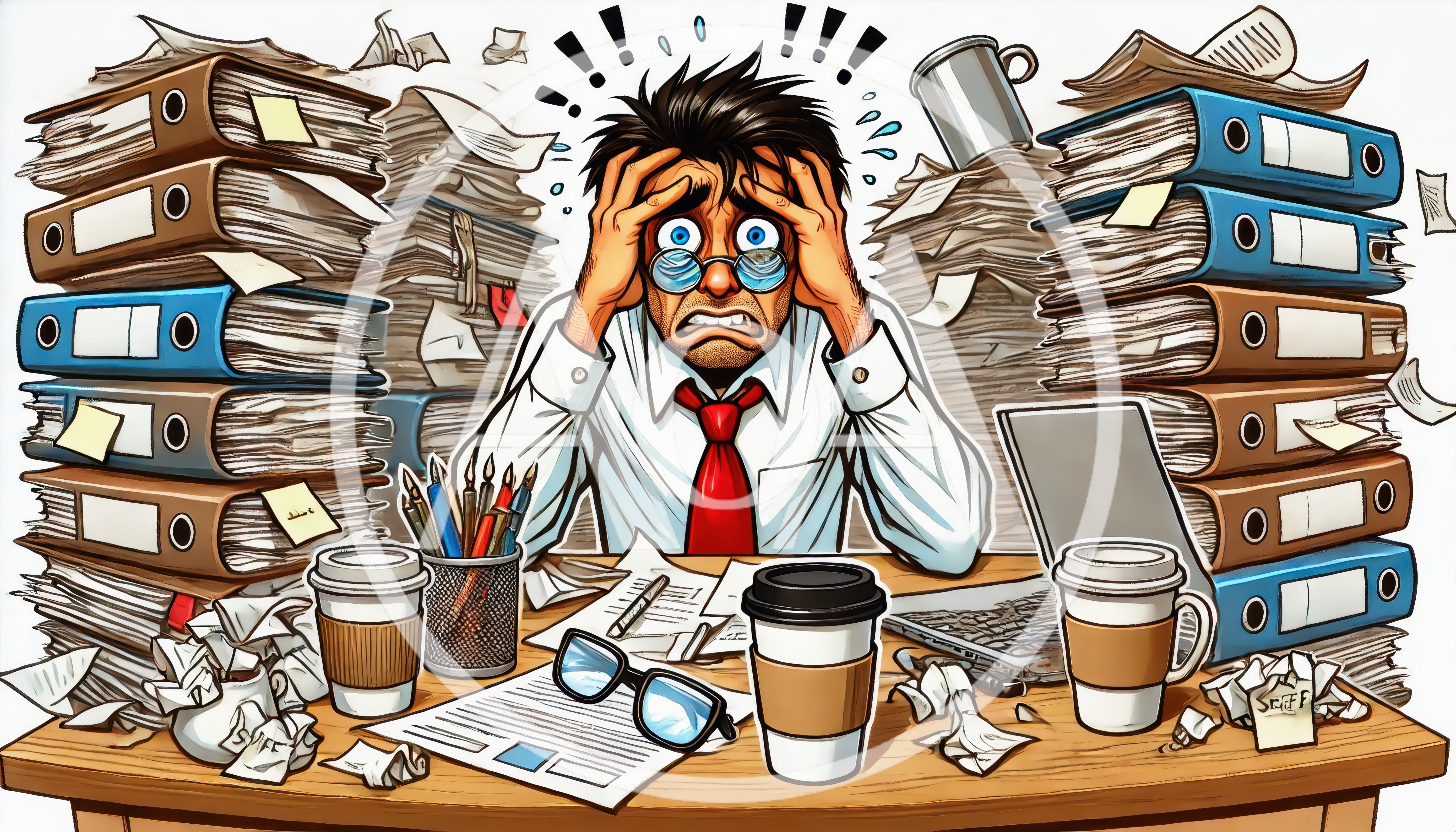 Stressed Office Worker Overwhelmed By Paperwork