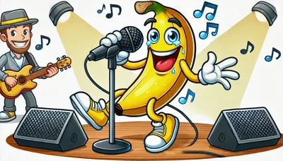 Cartoon Banana Singer Performing With Guitarist On Stage