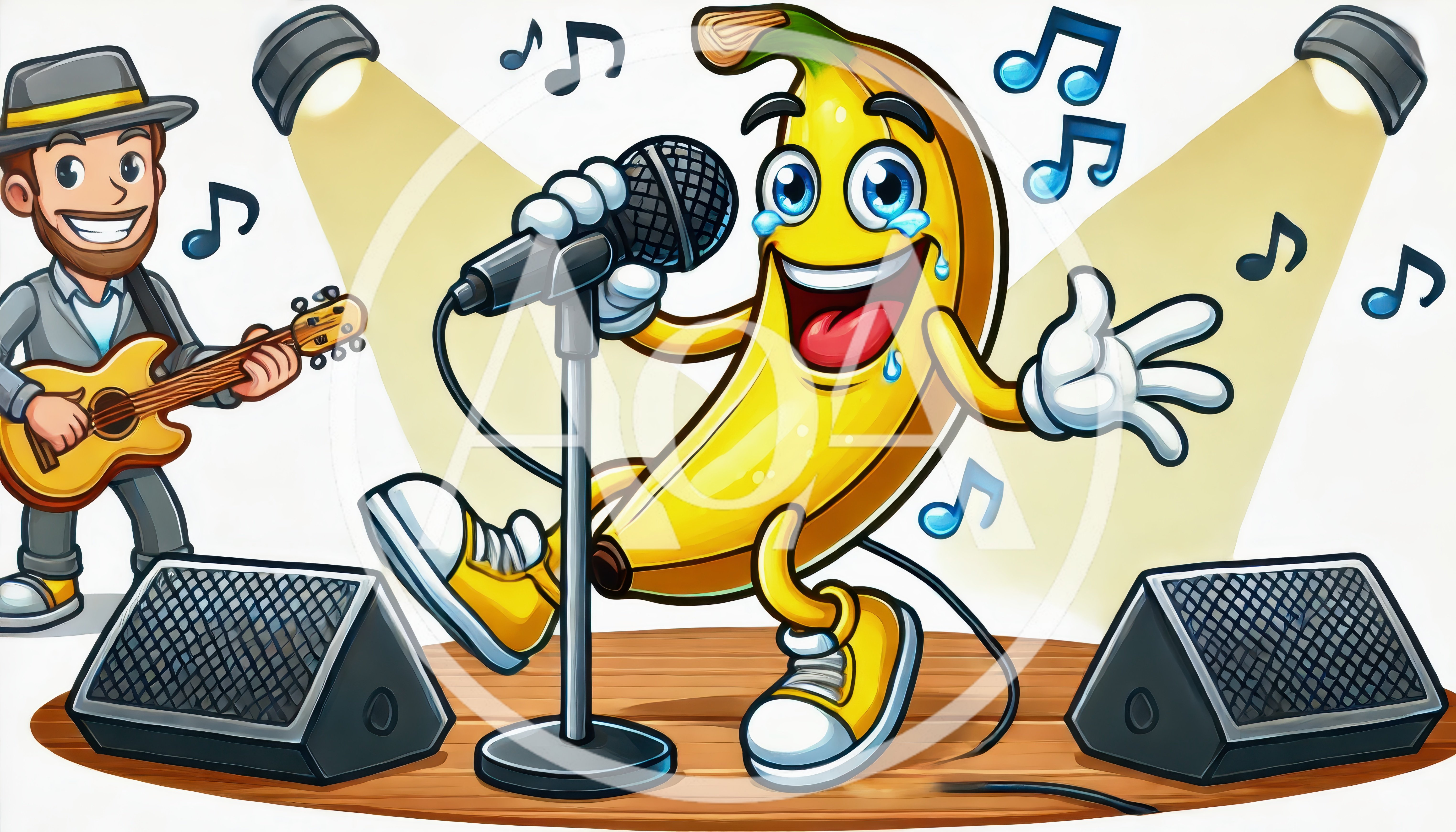 Cartoon Banana Singer Performing With Guitarist On Stage