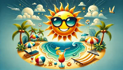 Cartoon Tropical Island Beach Scene With Smiling Sun