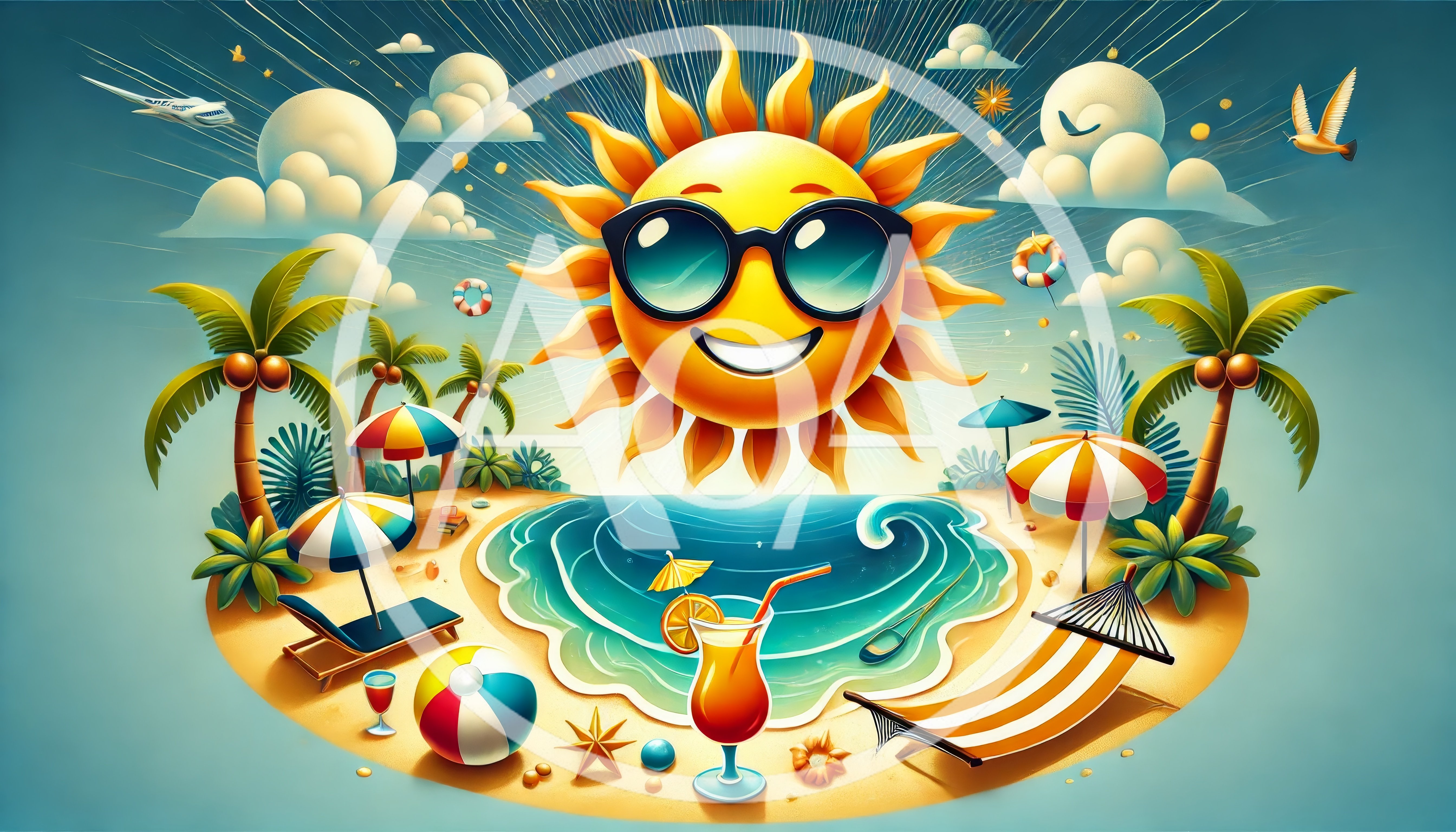 Cartoon Tropical Island Beach Scene With Smiling Sun