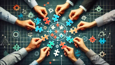 Business Team Assembling Puzzle Pieces On Grid Board