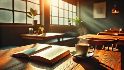 Open Book And Steaming Coffee Cup On Wooden Table