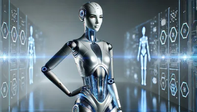 Futuristic Android Standing In A High Tech Laboratory