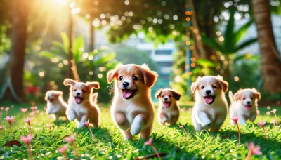 Group of Happy Puppies Running Through Sunny Garden