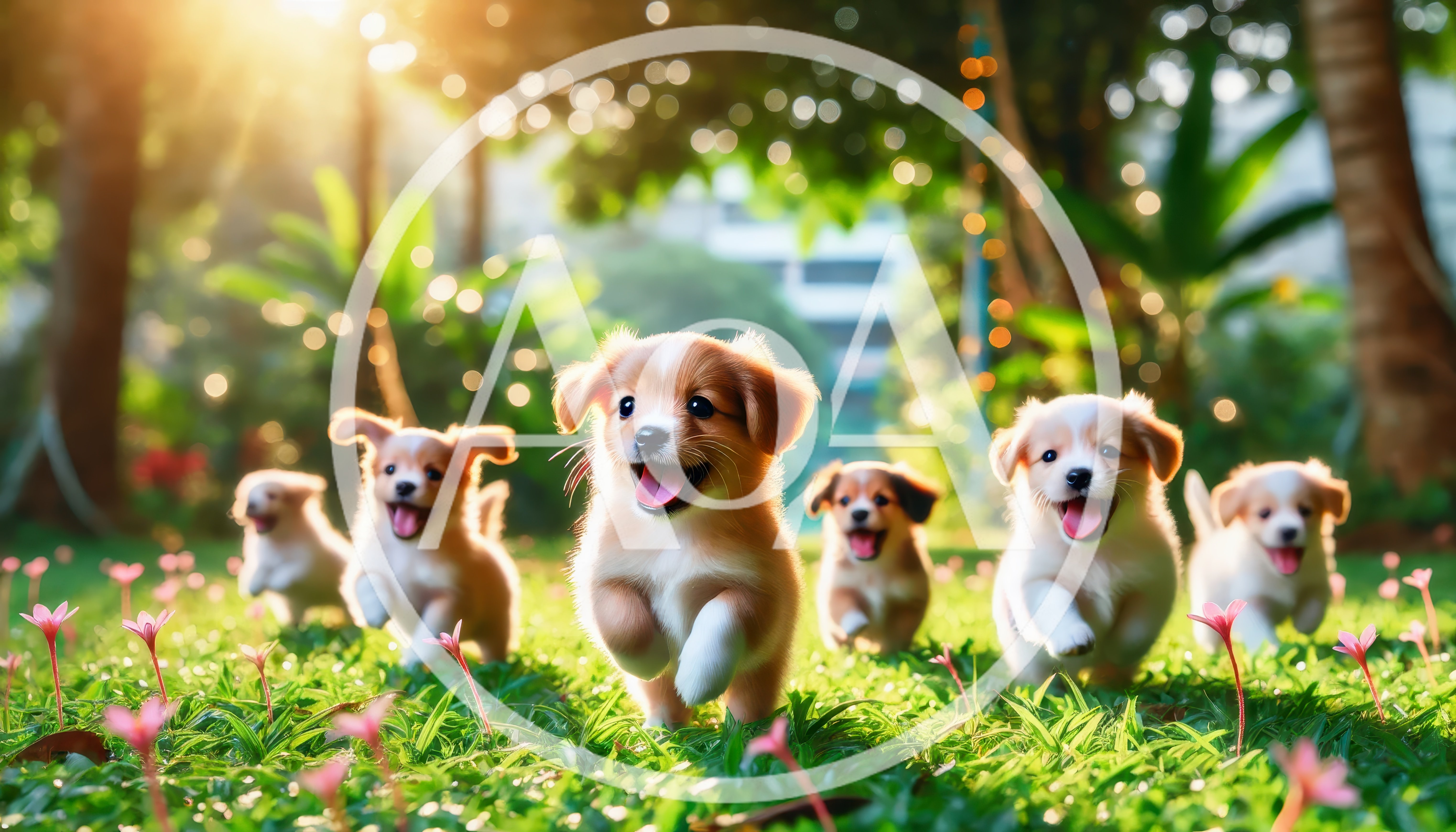 Group of Happy Puppies Running Through Sunny Garden