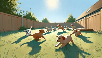 Group of Golden Retriever Puppies Playing in Backyard