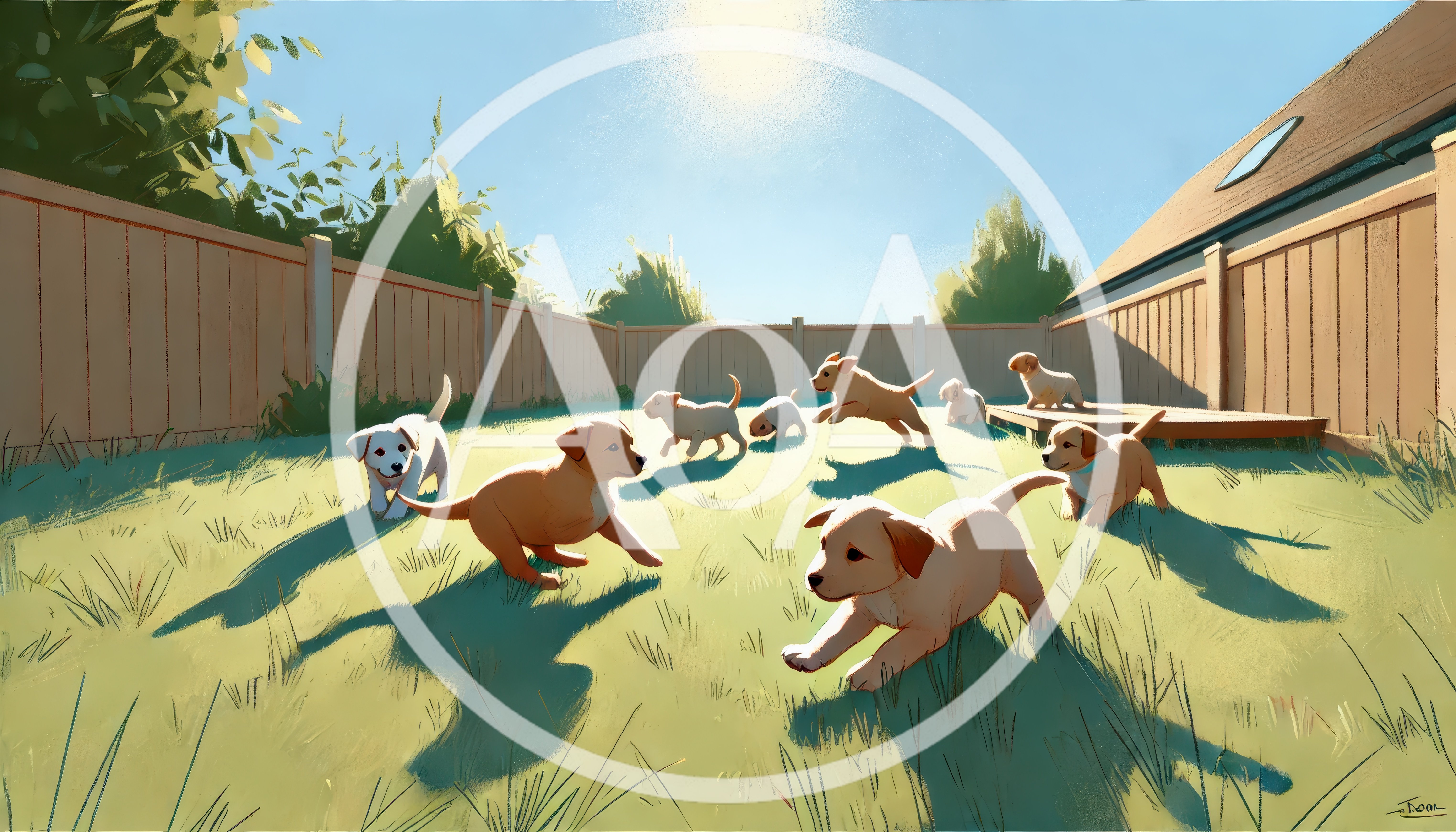 Group of Golden Retriever Puppies Playing in Backyard