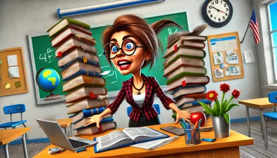 Stressed Teacher Surrounded By Stacks Of Books