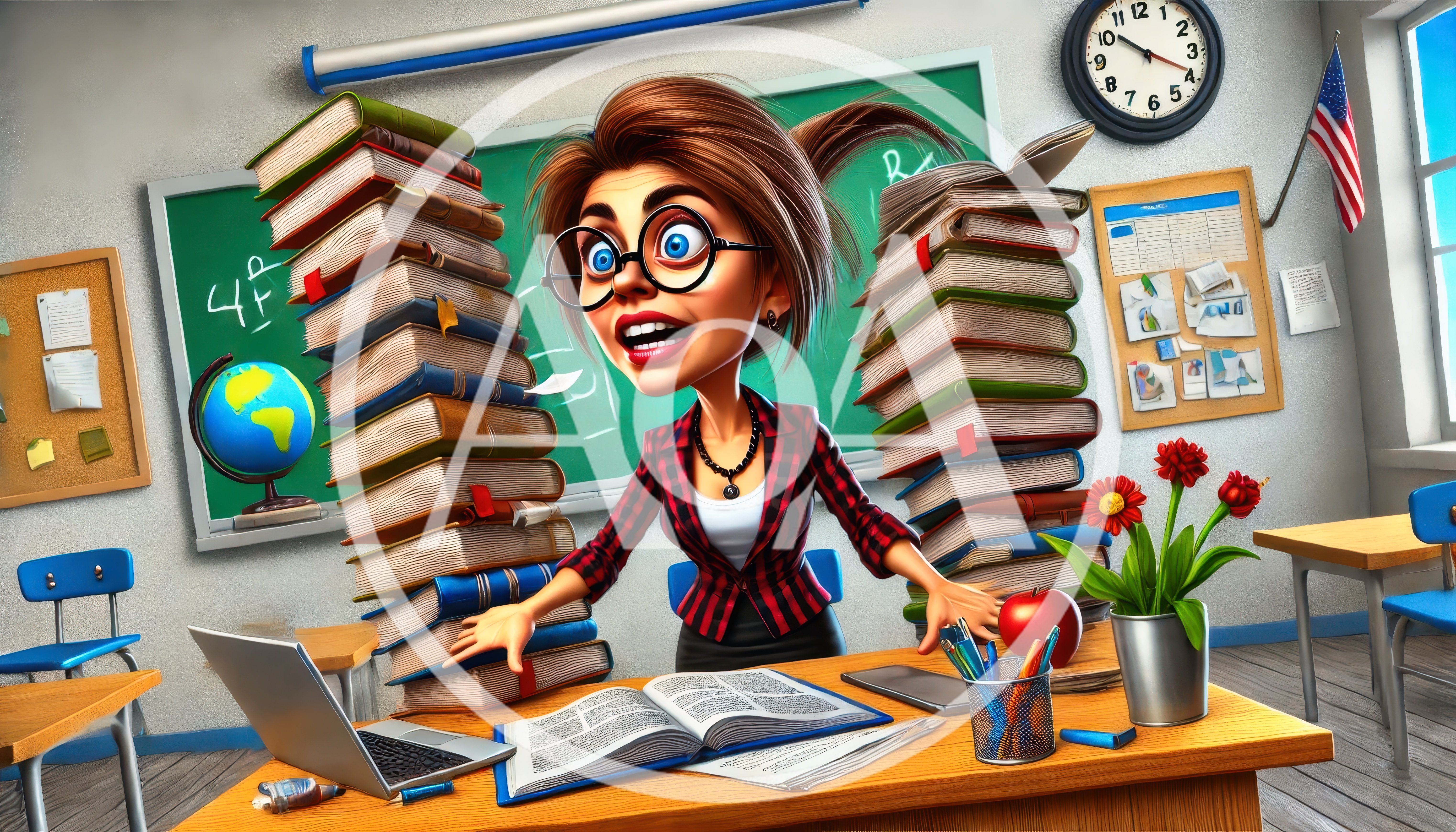 Stressed Teacher Surrounded By Stacks Of Books