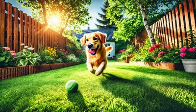 Golden Retriever Running Toward Ball In Sunny Garden