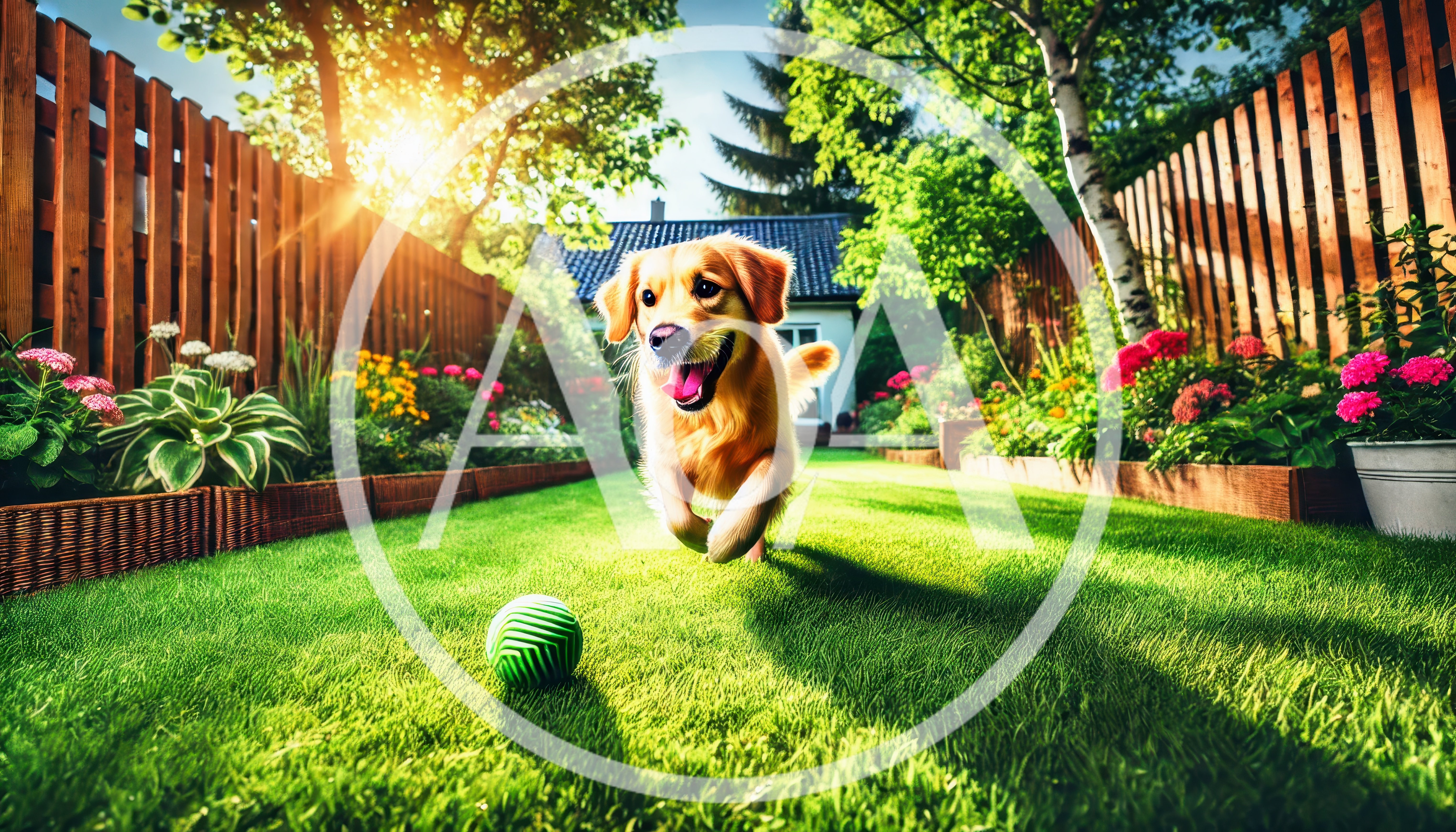 Golden Retriever Running Toward Ball In Sunny Garden