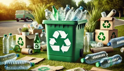 Green Recycling Bin Filled With Plastic Bottles Outdoors