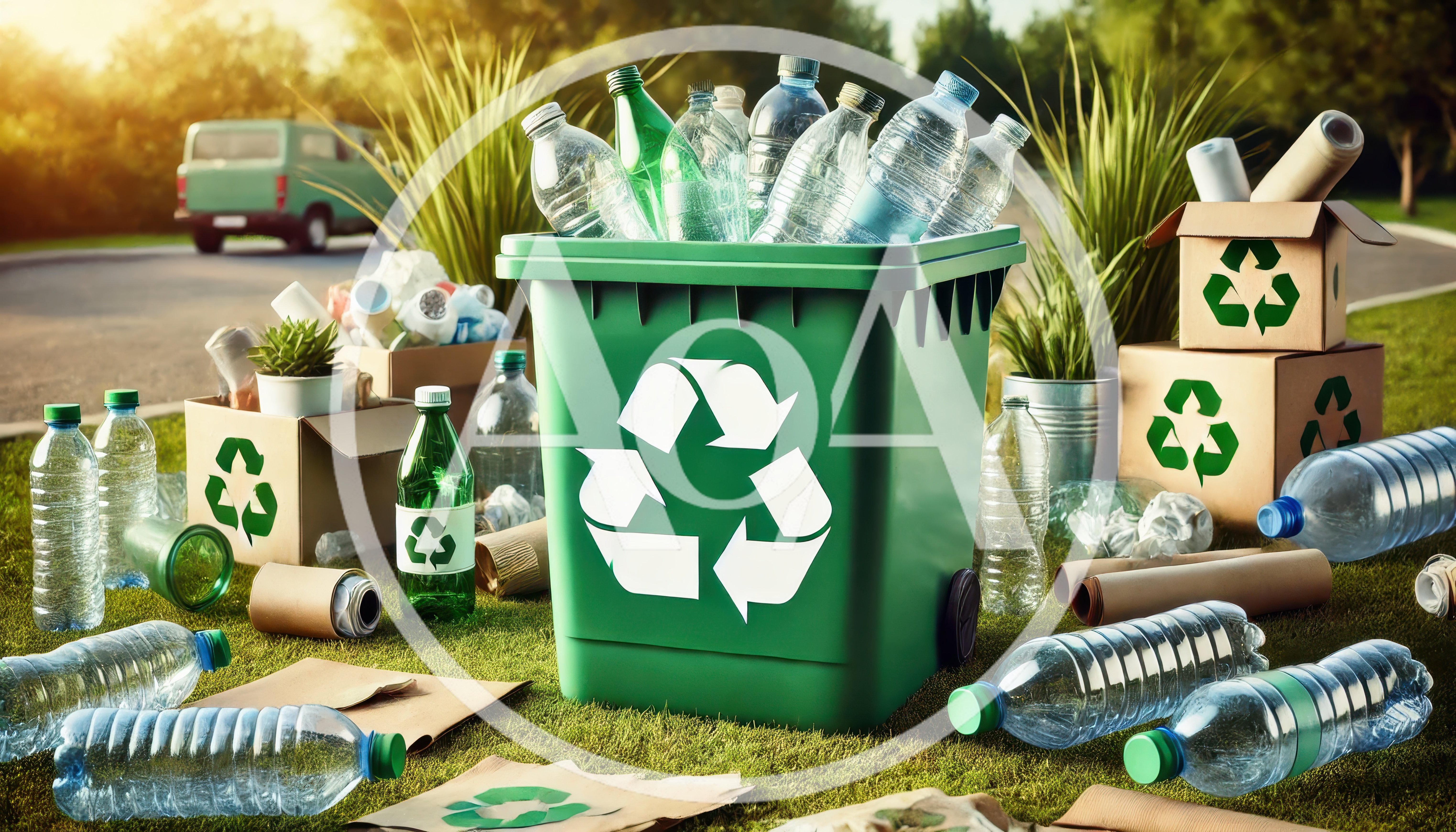 Green Recycling Bin Filled With Plastic Bottles Outdoors