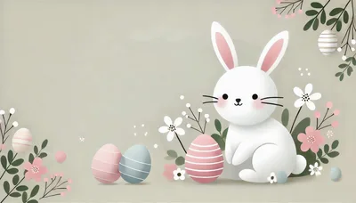 Cute Easter Bunny With Decorated Eggs And Flowers