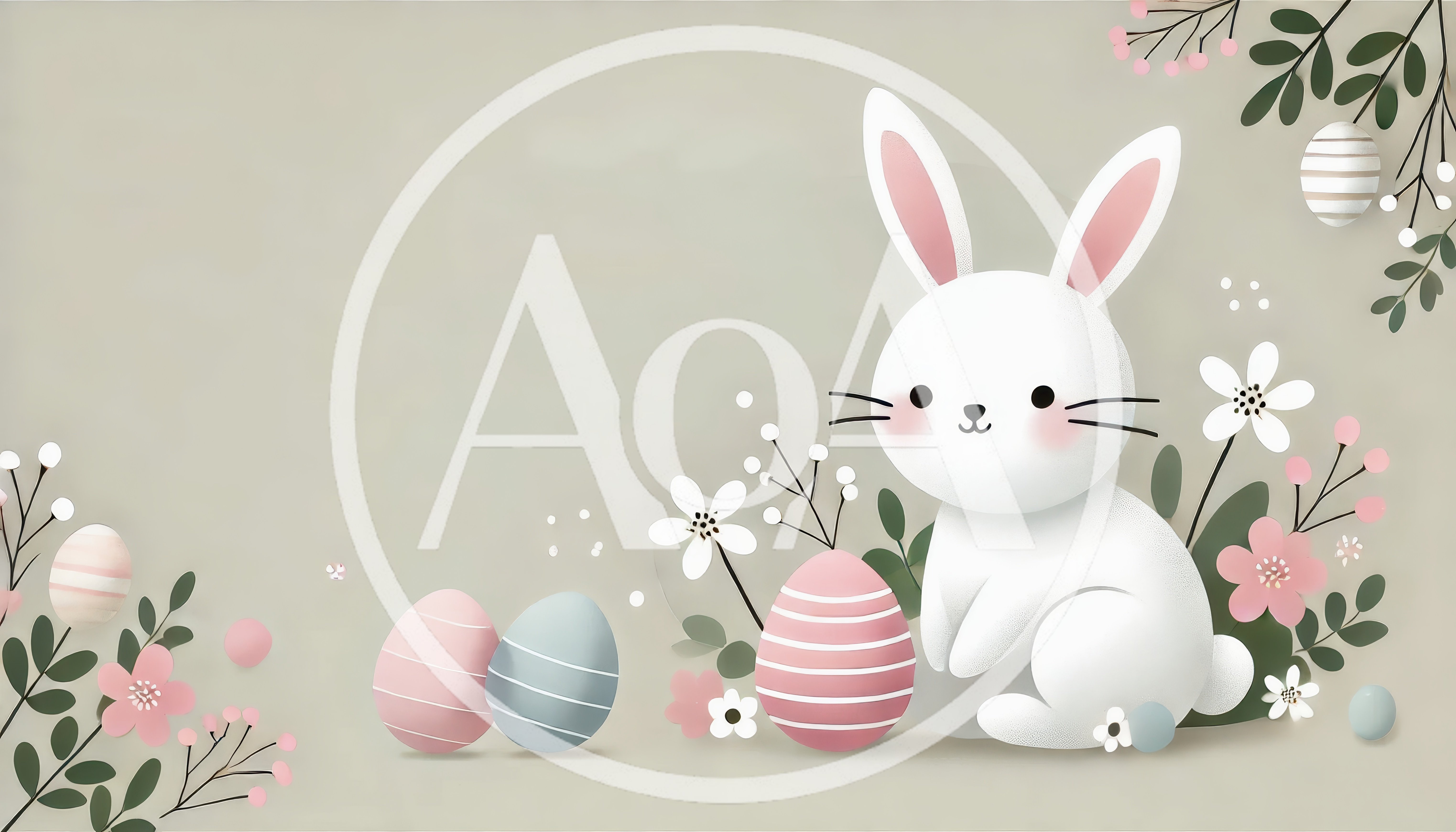 Cute Easter Bunny With Decorated Eggs And Flowers