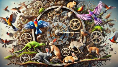 Surreal Steampunk Clockwork Mechanism With Animals And Birds