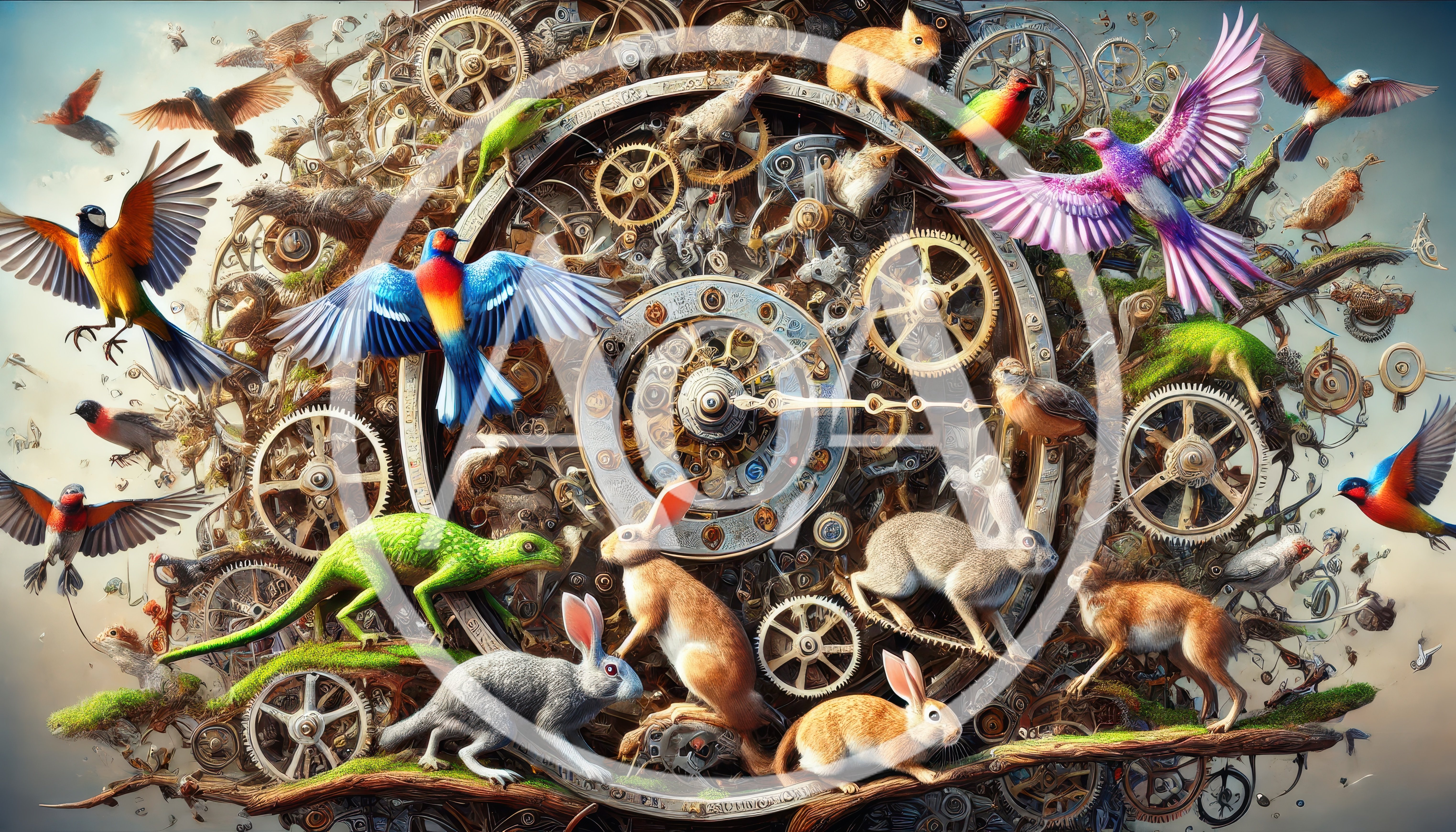 Surreal Steampunk Clockwork Mechanism With Animals And Birds