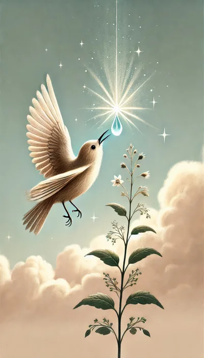 Small Bird Reaching For A Glowing Celestial Water Drop