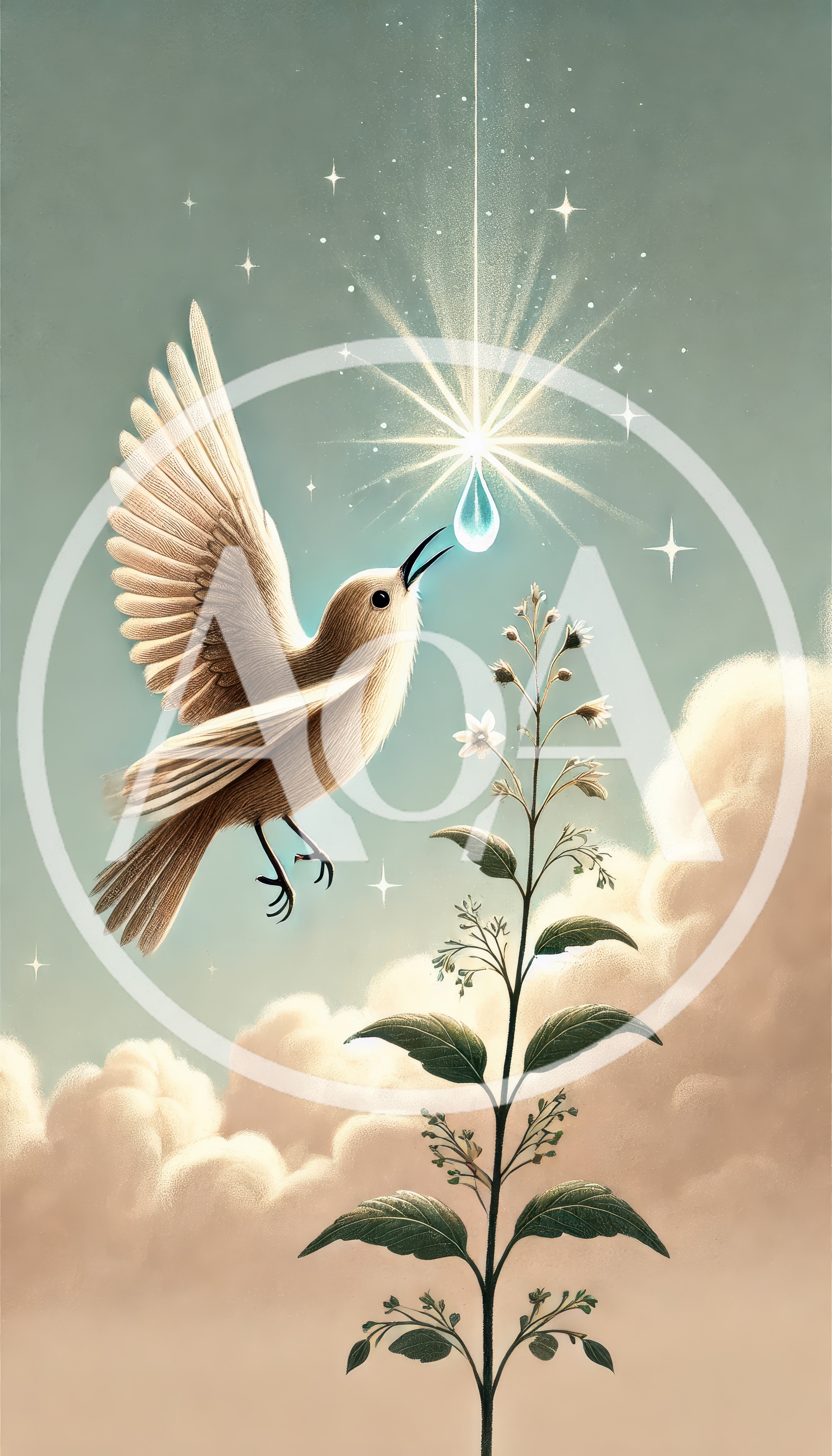 Small Bird Reaching For A Glowing Celestial Water Drop