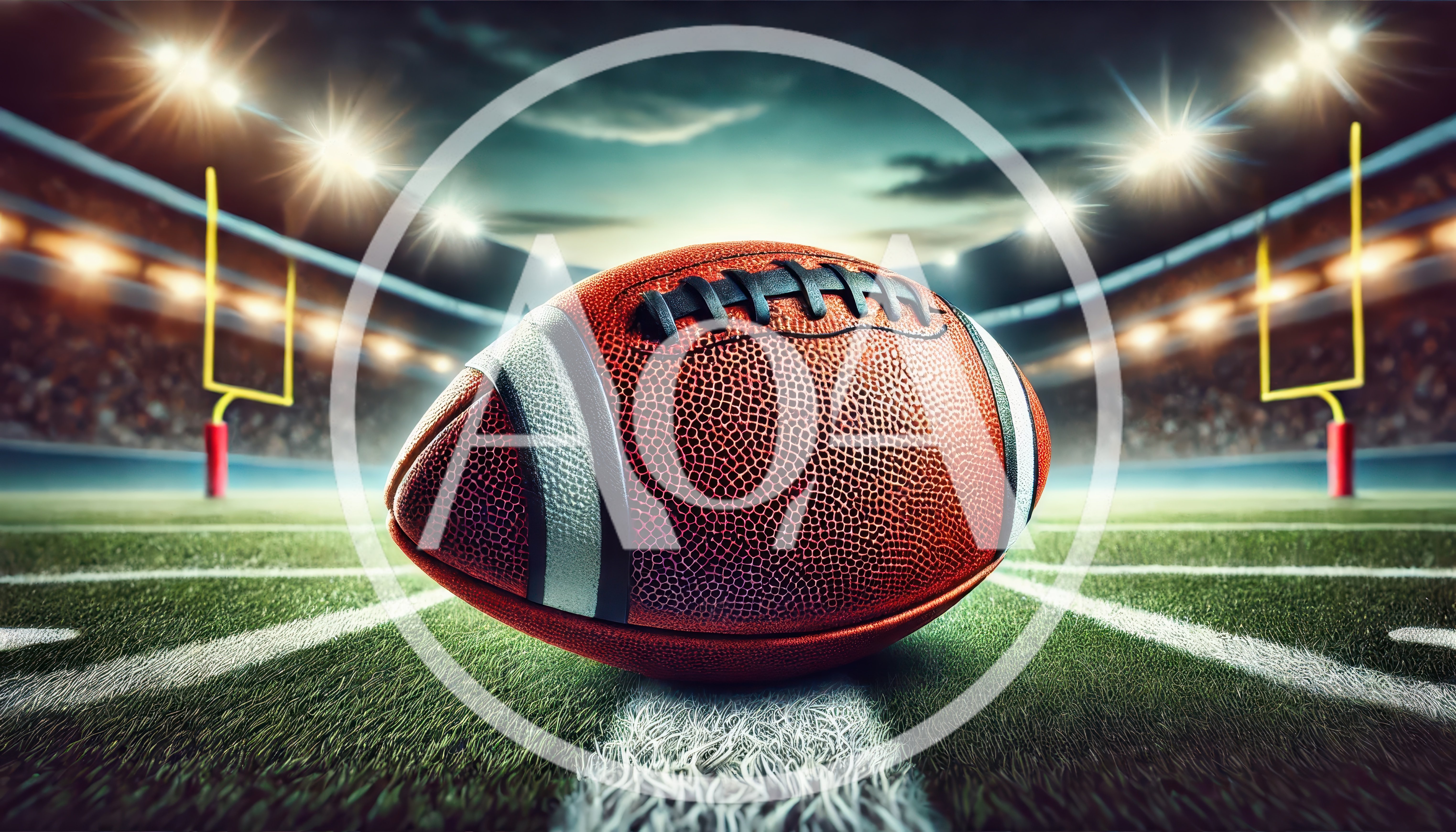 American Football Resting On Stadium Field Turf