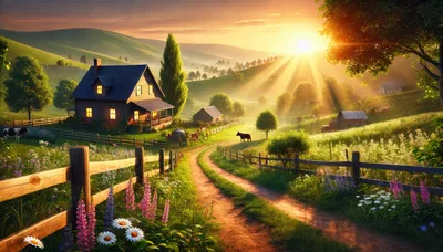 Idyllic Countryside Farmhouse at Golden Hour Sunset